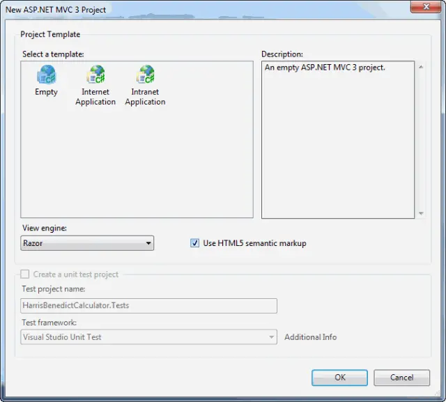 2 - New ASP.NET MVC 3 Project dialog
