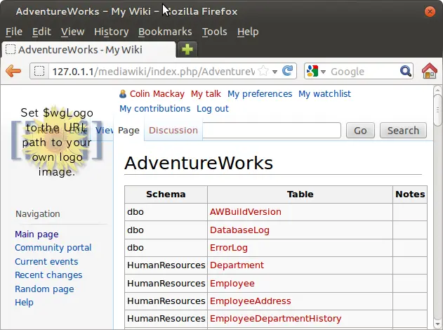 Data Dictionary showing a list of tables