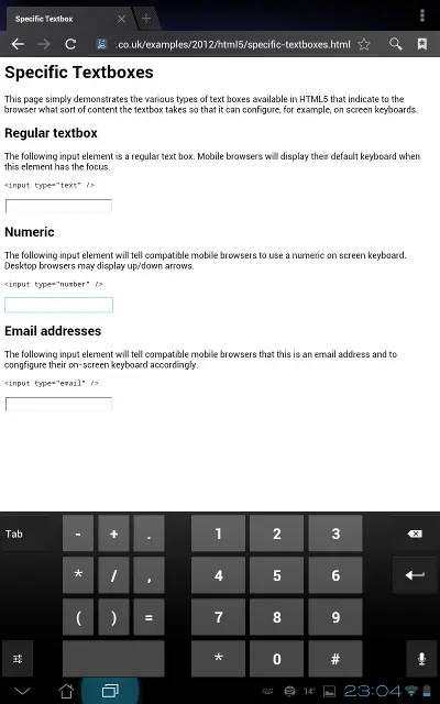 Numeric input displaying numeric keypad