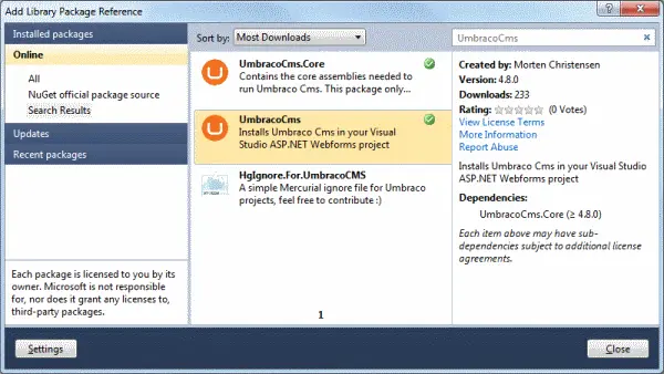 NuGet Package Manager Dialog