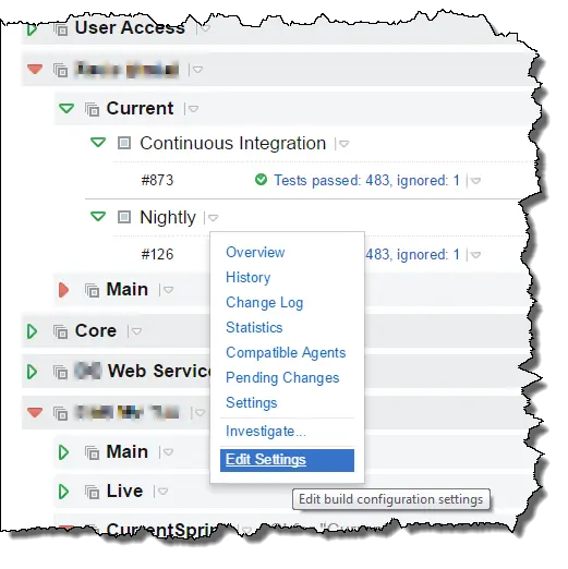 Team City Dashboard with Build context menu