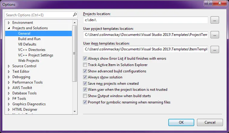 Visual Studio Options dialog