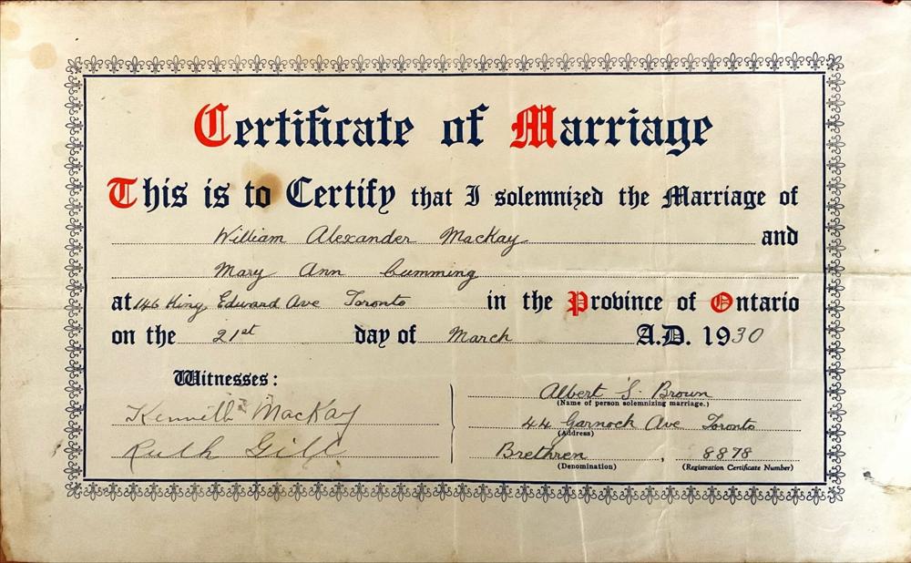 Certificate of Marriage - William Alexander Mackay & Mary Ann Cumming